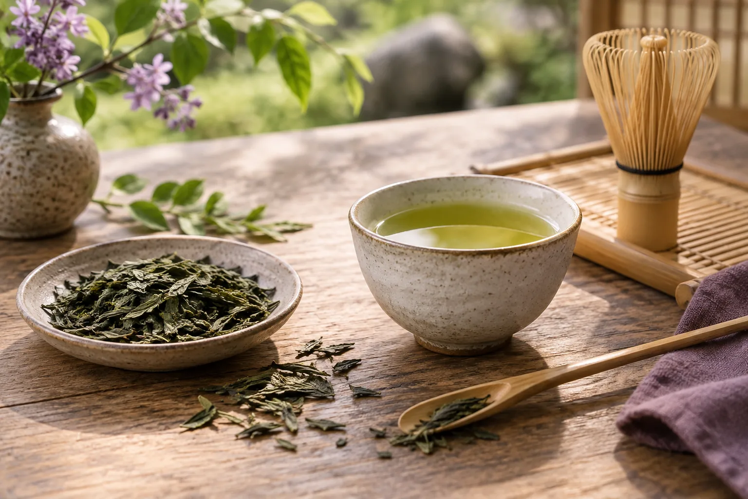 Loose green tea leaves and brewed green tea on a table