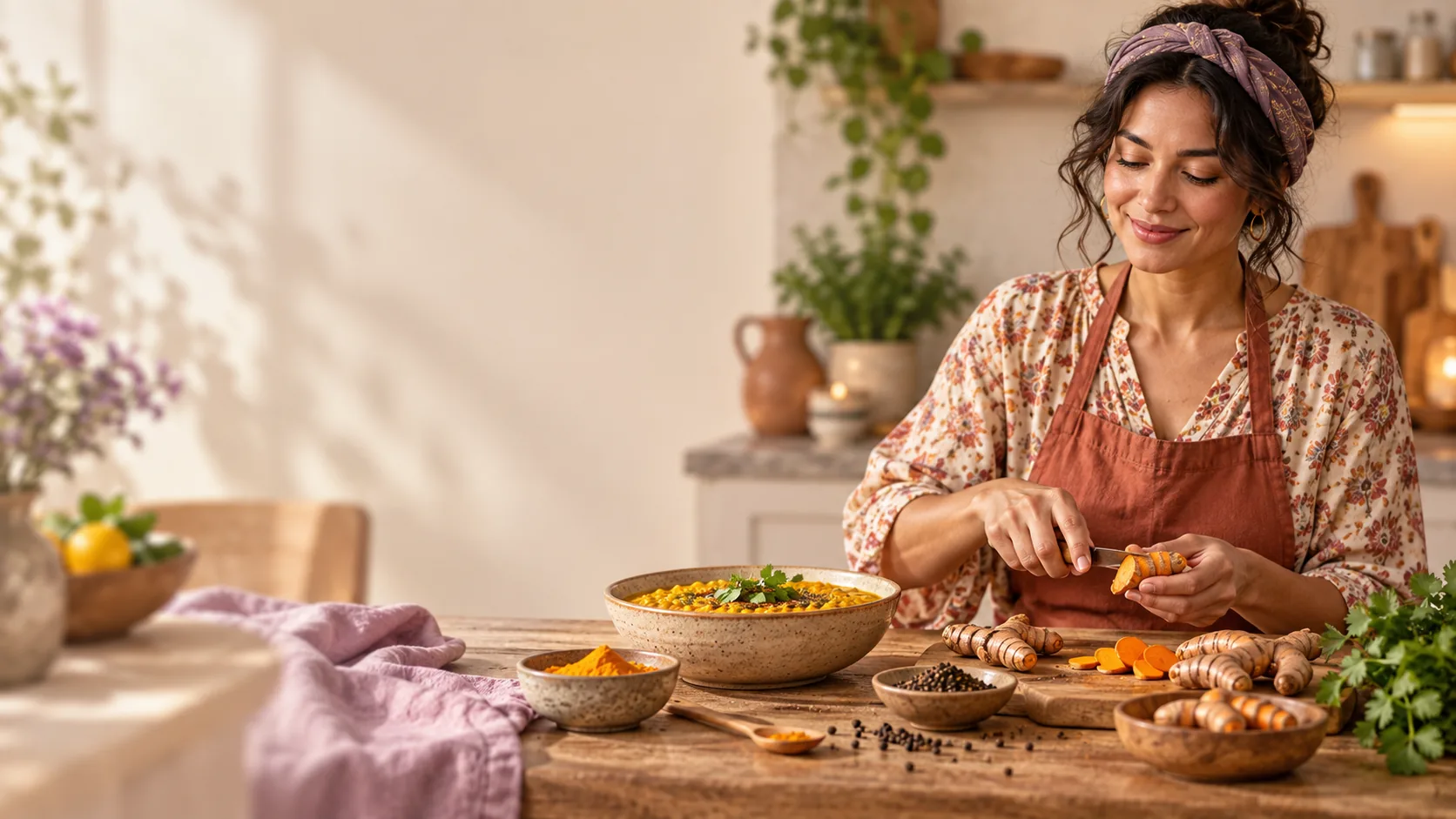 Person preparing turmeric and black pepper in a kitchen