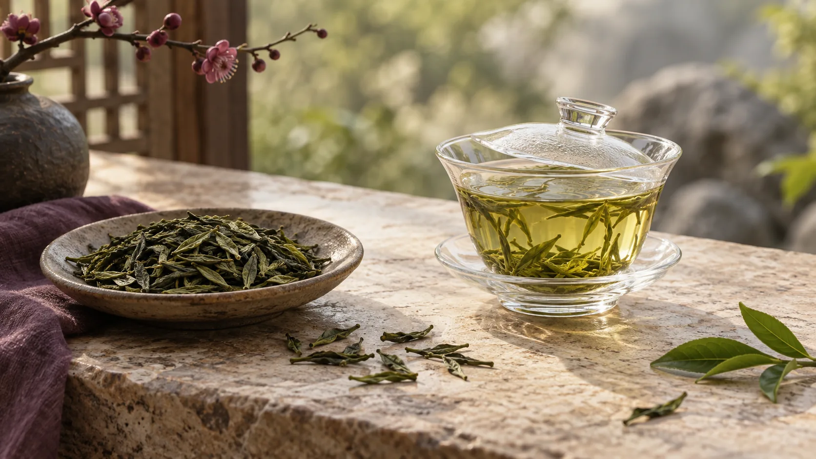 Japanese green tea leaves, kyusu and matcha bowl