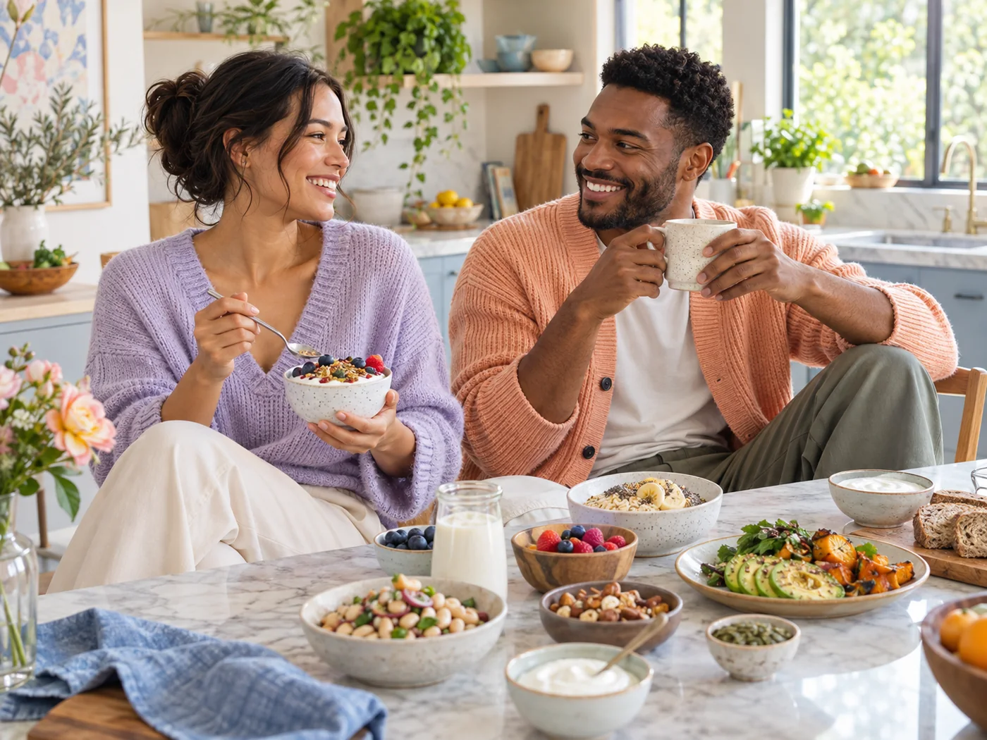 Stylish people preparing plant foods and fortified foods for nutrition planning