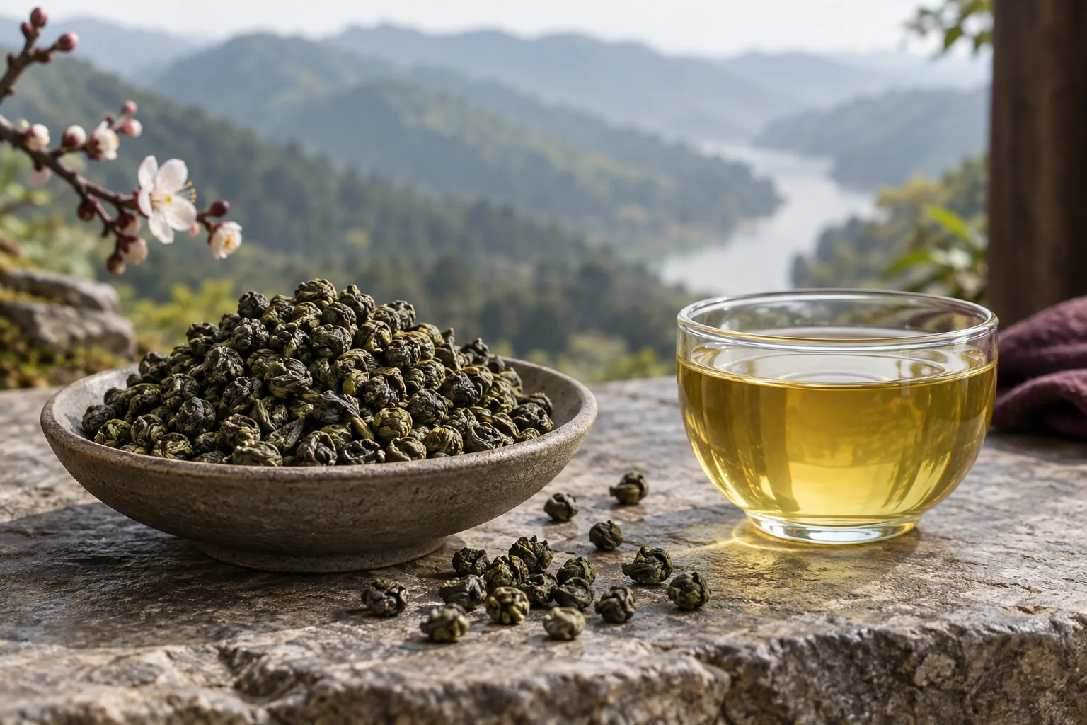 Gyokuro leaves and a porcelain cup of tea