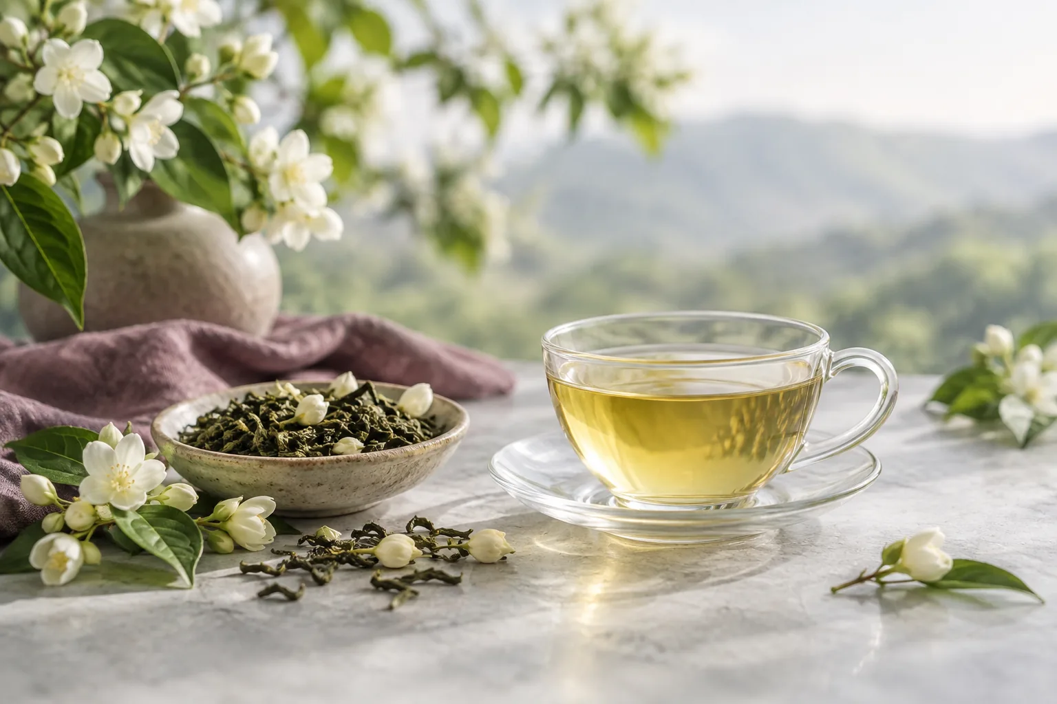 Jasmine blossoms, green tea leaves and brewed tea